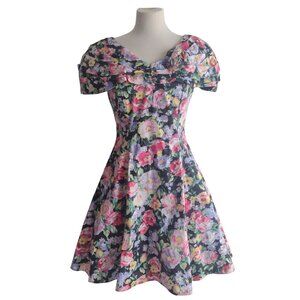 Vintage 80s 90s Floral Poofy Dress S 6 Fun FIt n Flare Party Dress